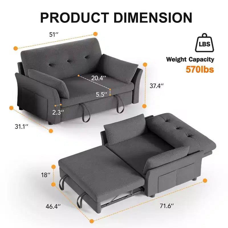 51 Inch 3-in-1 Convertible Loveseat Sleeper Sofa with Side Pocket - Linen