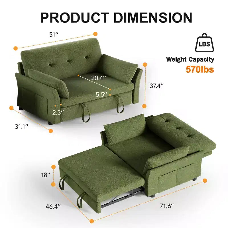 51 Inch 3-in-1 Convertible Loveseat Sleeper Sofa with Side Pocket - Linen