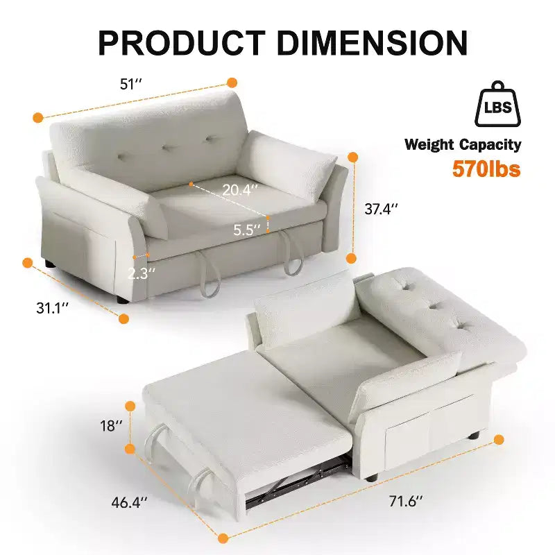 51 Inch 3-in-1 Convertible Loveseat Sleeper Sofa with Side Pocket - Linen
