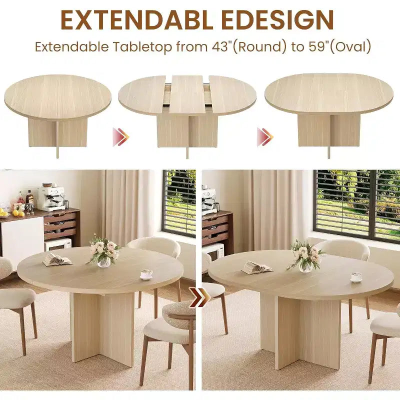 43.3-59 Inch Extendable Round to Oval Dining Table - Seats 4 to 8, Removable Leaves