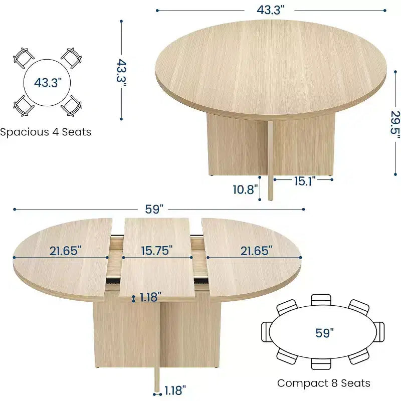 43.3-59 Inch Extendable Round to Oval Dining Table - Seats 4 to 8, Removable Leaves