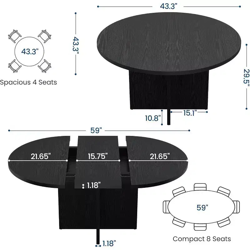 43.3-59 Inch Extendable Round to Oval Dining Table - Seats 4 to 8, Removable Leaves