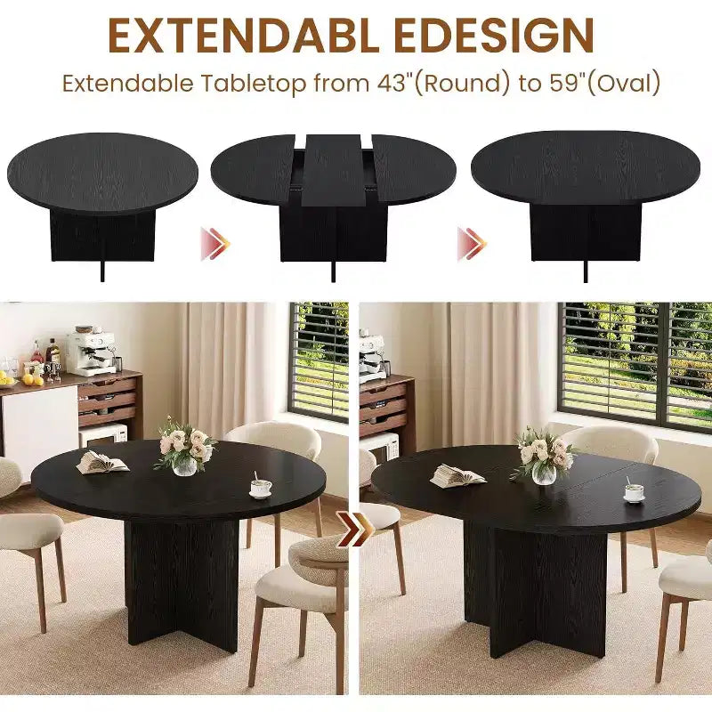 43.3-59 Inch Extendable Round to Oval Dining Table - Seats 4 to 8, Removable Leaves