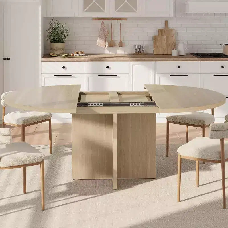 43.3-59 Inch Extendable Round to Oval Dining Table - Seats 4 to 8, Removable Leaves
