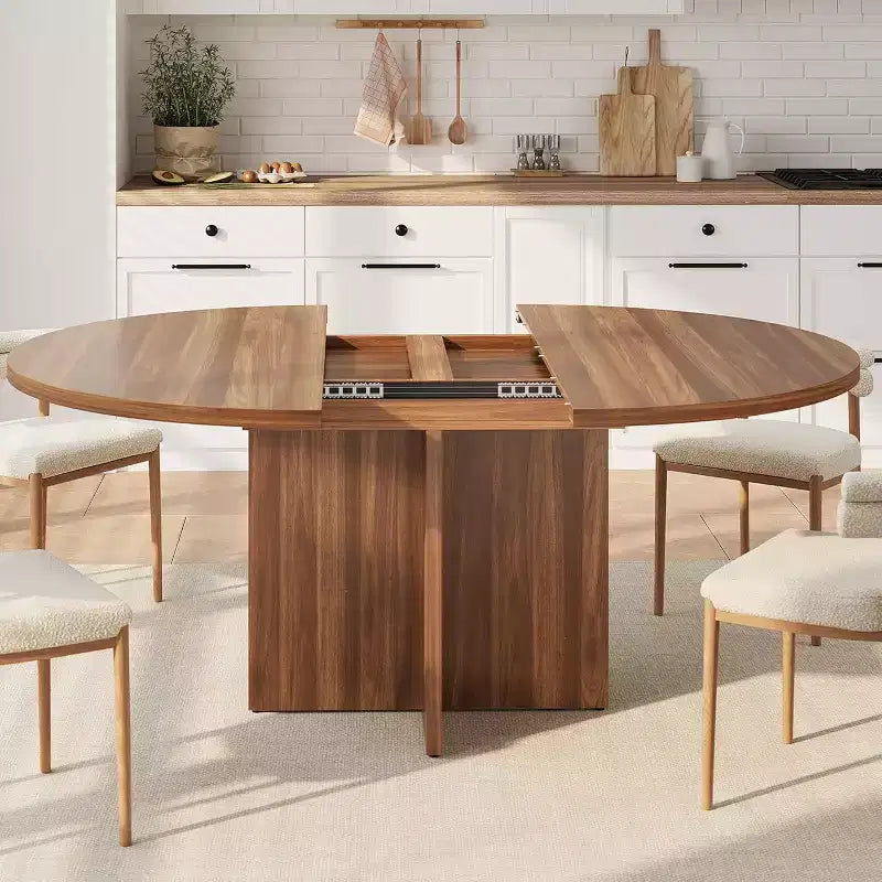 43.3-59 Inch Extendable Round to Oval Dining Table - Seats 4 to 8, Removable Leaves