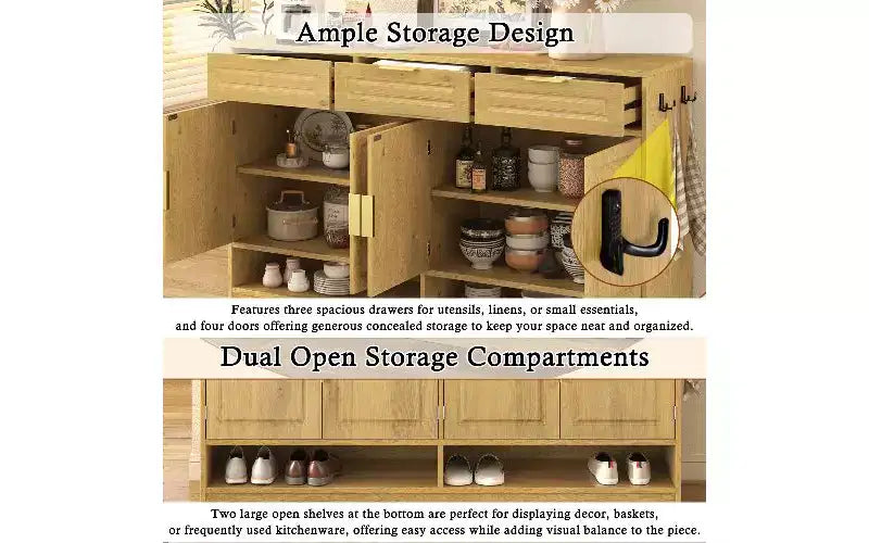 Farmhouse Sideboard Cabinet with 3 Drawers and 4 Doors - 59 Inch, Adjustable Shelf