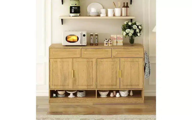Farmhouse Sideboard Cabinet with 3 Drawers and 4 Doors - 59 Inch, Adjustable Shelf