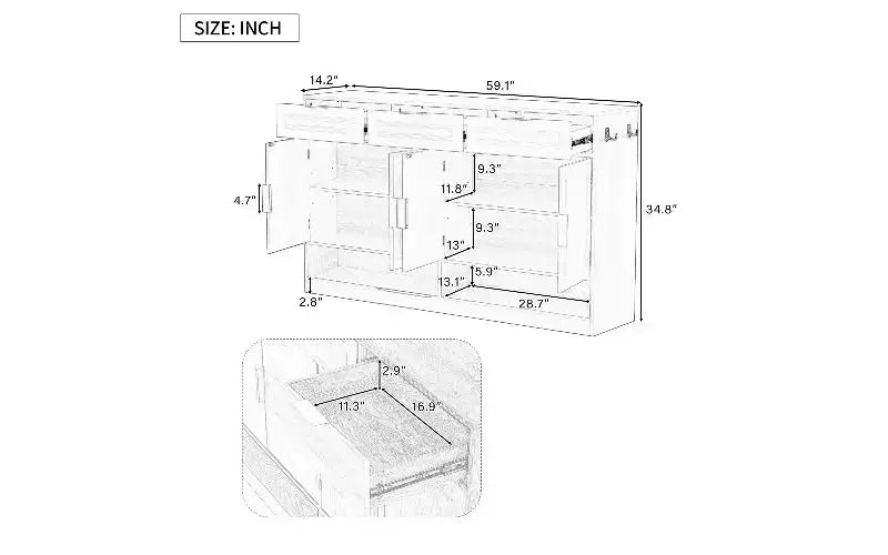 Farmhouse Sideboard Cabinet with 3 Drawers and 4 Doors - 59 Inch, Adjustable Shelf