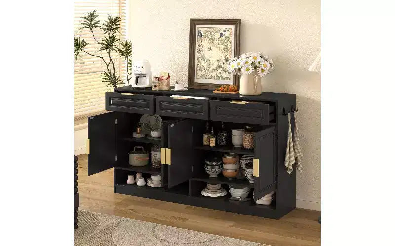 Farmhouse Sideboard Cabinet with 3 Drawers and 4 Doors - 59 Inch, Adjustable Shelf