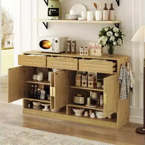 TUYOHW Farmhouse Sideboard Cabinet with 3 Drawers & 4 Doors, Multi-Functional Storage Buffet Cabinet with Adjustable Shelf, Kitchen Pantry Cabinet