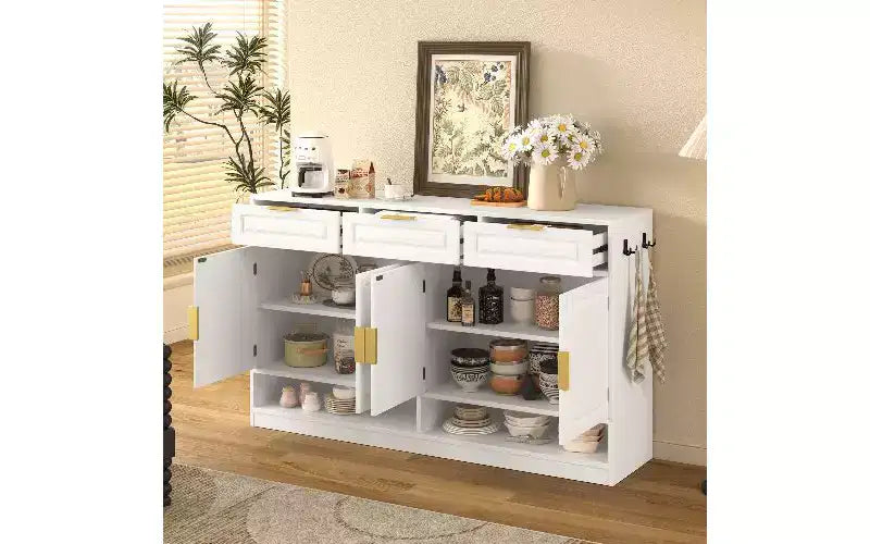 Farmhouse Sideboard Cabinet with 3 Drawers and 4 Doors - 59 Inch, Adjustable Shelf