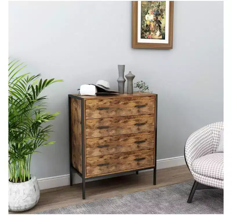 MDF Industrial Style 4-Drawer Dresser - Rustic Brown, Steel Frame
