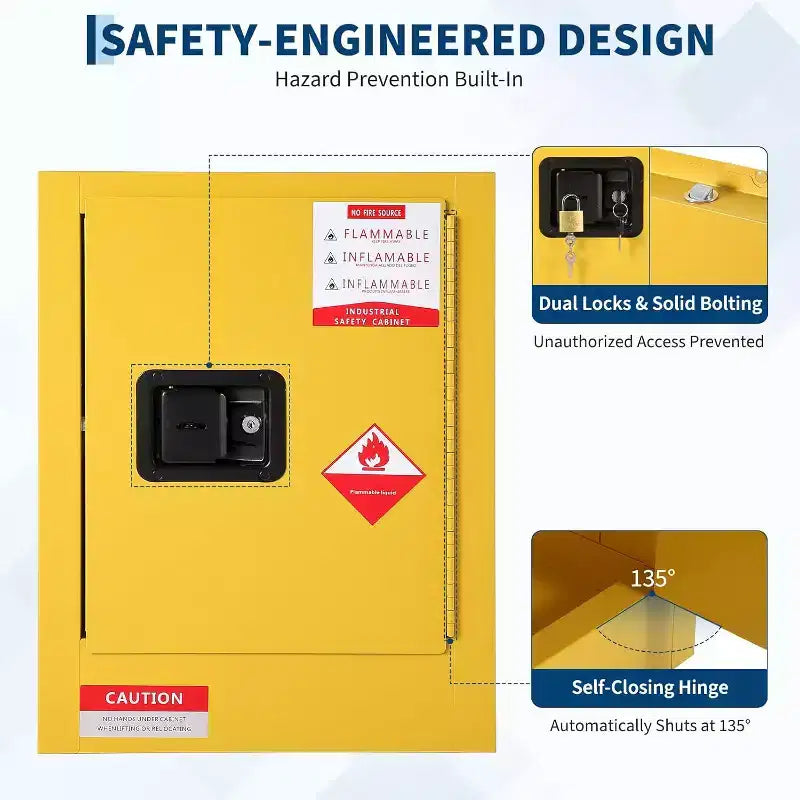 4-Gallon Fireproof Safety Cabinet - Double-Wall Steel, Adjustable Shelf, 3-Point Lock