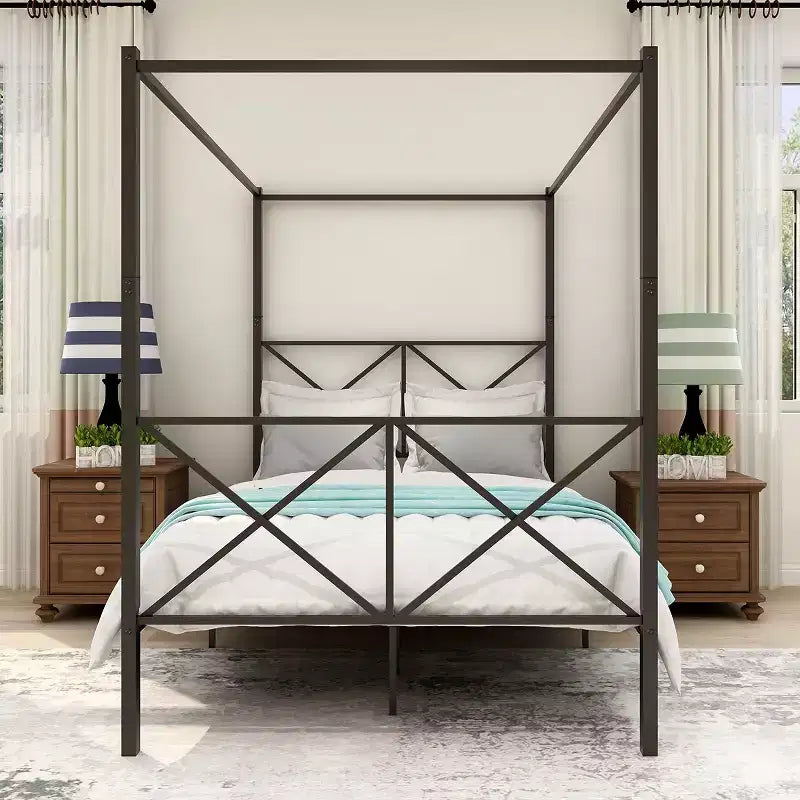 Full Size Metal Canopy Bed Frame - Sturdy Steel Construction with Under-Bed Storage