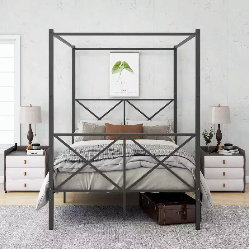 Full Size Metal Canopy Bed Frame - Sturdy Steel Construction with Under-Bed Storage