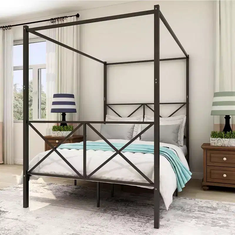 Full Size Metal Canopy Bed Frame - Sturdy Steel Construction with Under-Bed Storage