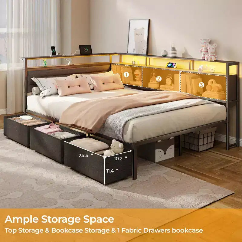 Black Full Bed Frame with LED Lights Charging Station Storage Bookcase 3 Drawers Upholstered Headboard Corner Daybed No Box Spring Support