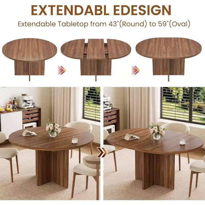 43-59 Inch Round to Oval Extendable Dining Table - Walnut, Seats 4-8, Trestle Base