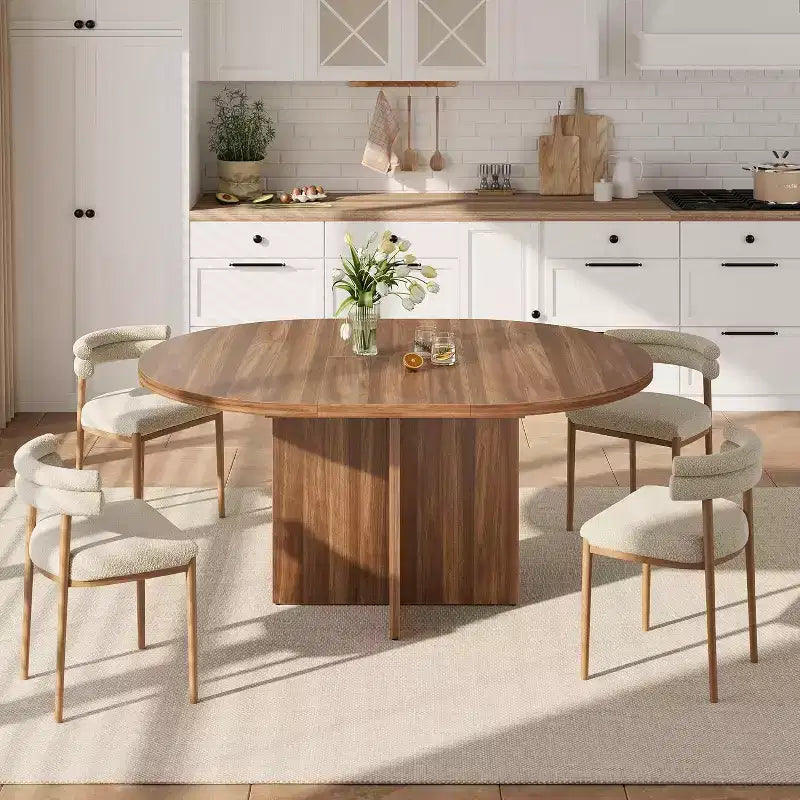 43-59 Inch Round to Oval Extendable Dining Table - Walnut, Seats 4-8, Trestle Base