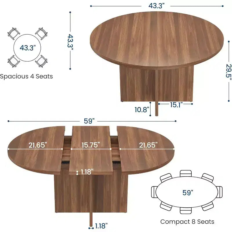 43-59 Inch Round to Oval Extendable Dining Table - Walnut, Seats 4-8, Trestle Base