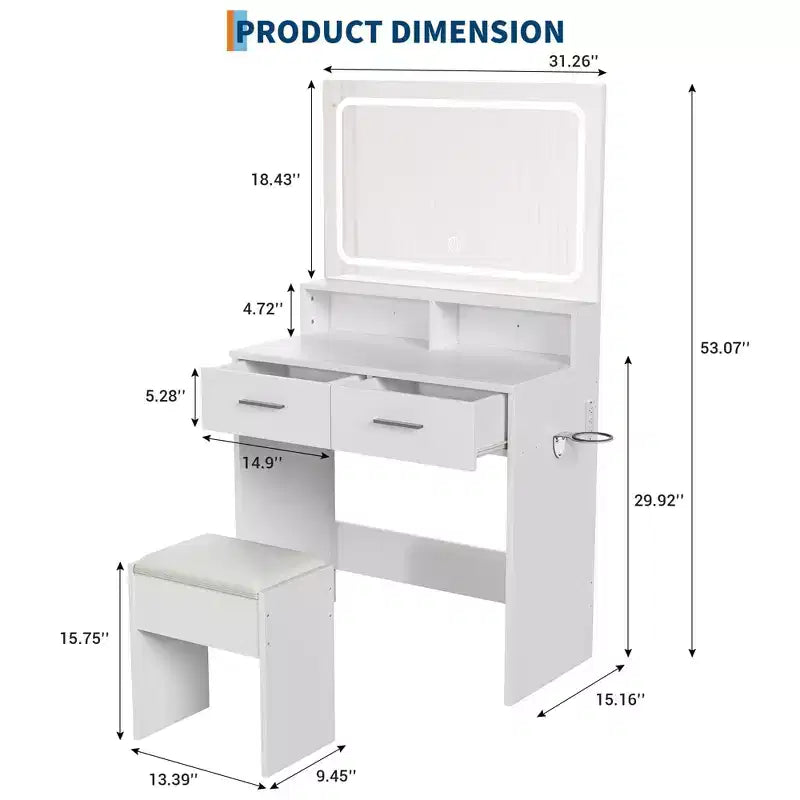White Vanity Desk with Mirror, Drawers and Stool