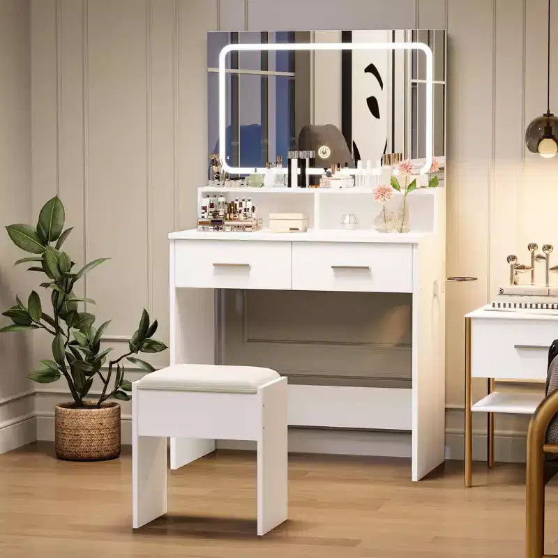 White Vanity Desk with Mirror, Drawers and Stool