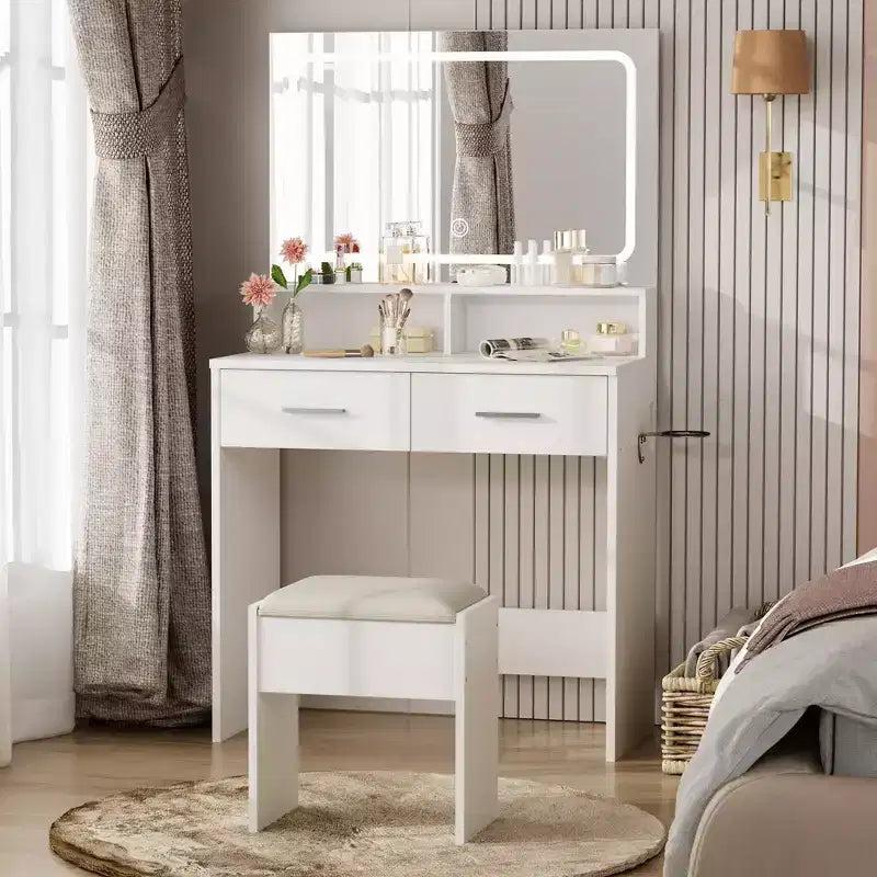White Vanity Desk with Mirror, Drawers and Stool