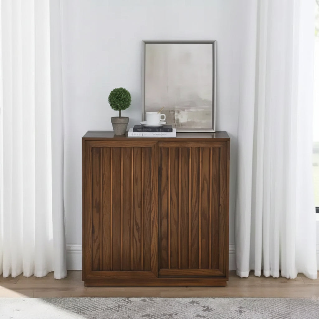 Sideboard Storage Cabinet, Vintage Accent Cabinet with 2 Sliding Doors and Wood Strips, Storage Cabinet for Entryway, Living Room, Hallway
