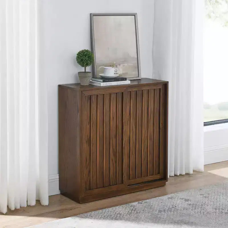 Sideboard Storage Cabinet, Vintage Accent Cabinet with 2 Sliding Doors and Wood Strips, Storage Cabinet for Entryway, Living Room, Hallway