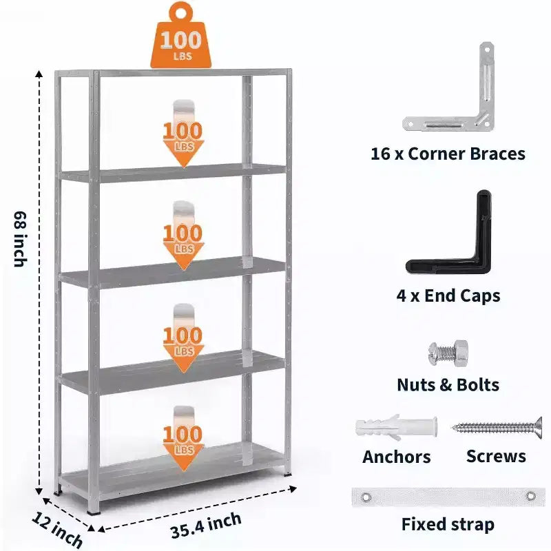 5-Tier Heavy Duty Metal Shelving Unit - Adjustable Garage Storage Rack 36x12x68