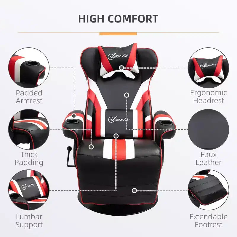 90-130° Recliner Gaming Chair with Swivel Base, Cup Holder, Head & Lumbar Pillow, Footrest