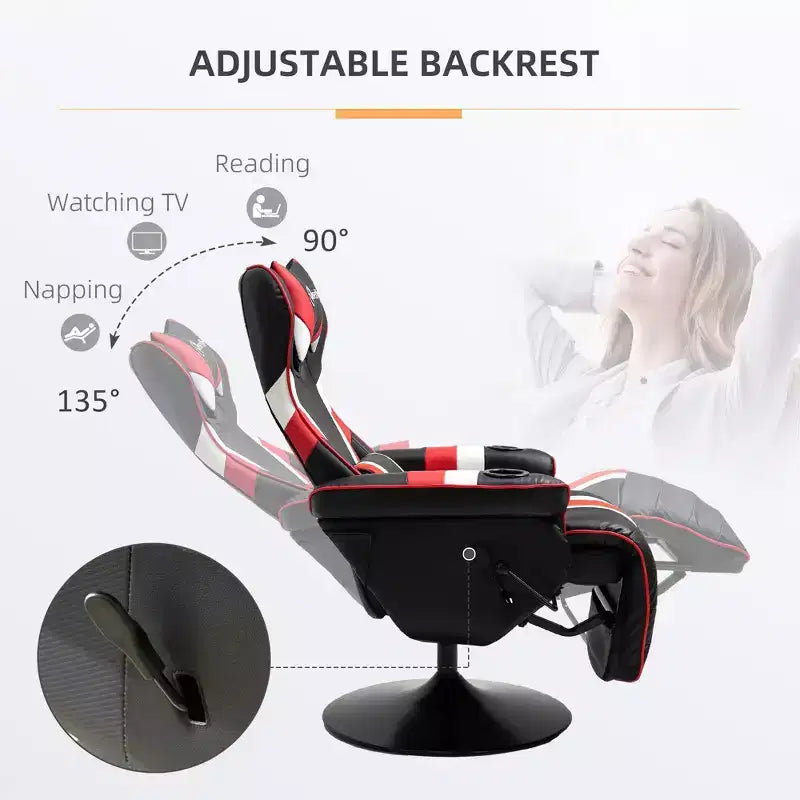 90-130° Recliner Gaming Chair with Swivel Base, Cup Holder, Head & Lumbar Pillow, Footrest