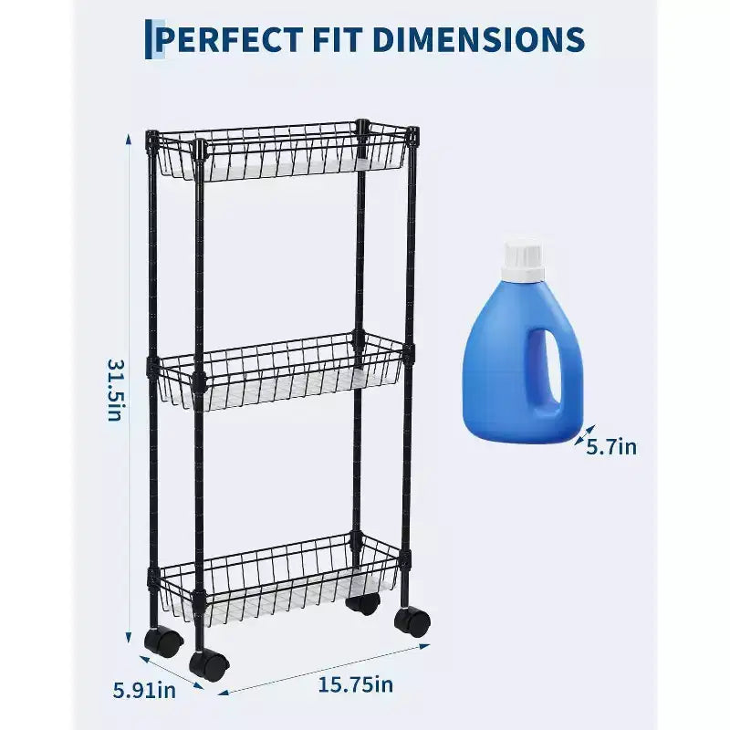 Slim Rolling Storage Cart with Wheels - 3 or 4 Tier Metal Wire Baskets, Adjustable Shelves