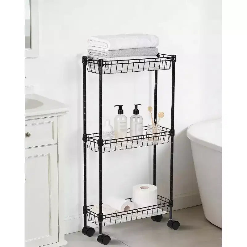 Slim Rolling Storage Cart with Wheels - 3 or 4 Tier Metal Wire Baskets, Adjustable Shelves