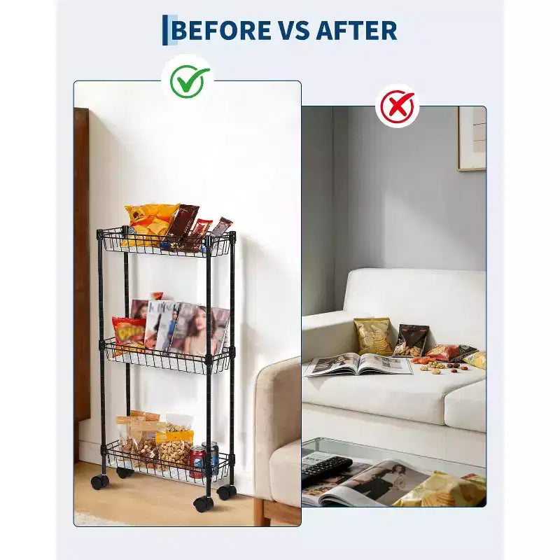 Slim Rolling Storage Cart with Wheels - 3 or 4 Tier Metal Wire Baskets, Adjustable Shelves