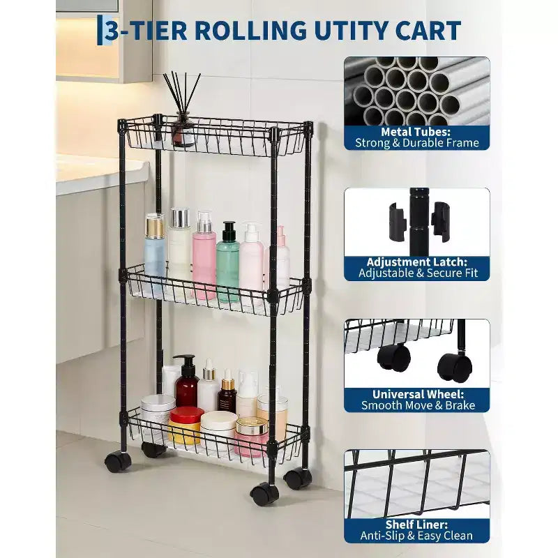 Slim Rolling Storage Cart with Wheels - 3 or 4 Tier Metal Wire Baskets, Adjustable Shelves