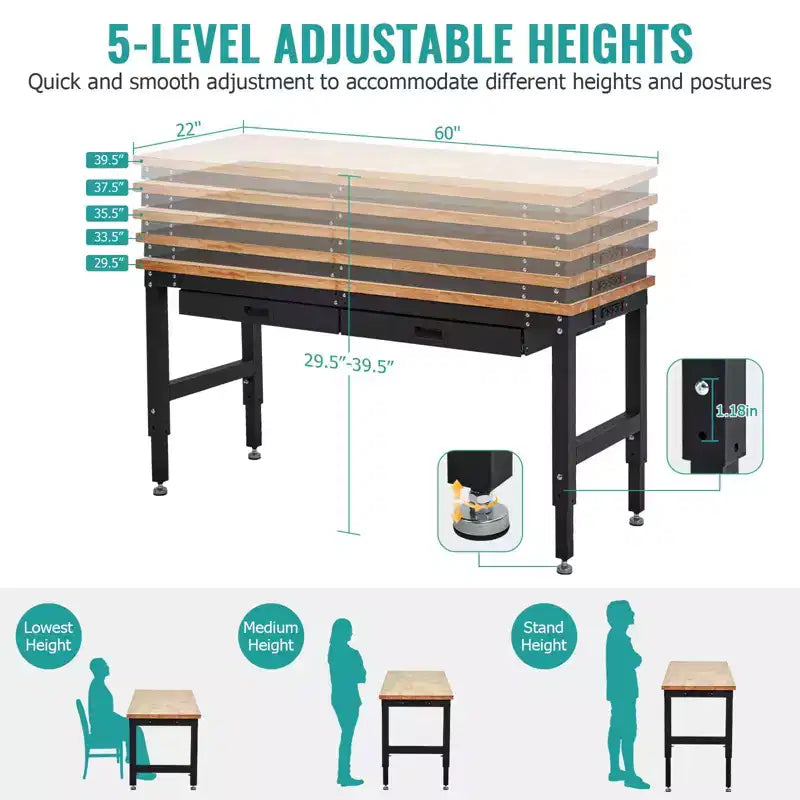 60 Inch Heavy-Duty Workbench - Rubber Wood Top, 3000 lb, Adjustable Height, 2 Drawers, Pegboard, Power Outlets