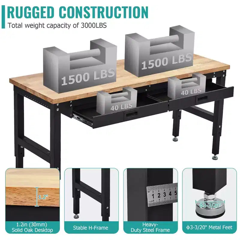 60 Inch Heavy-Duty Workbench - Rubber Wood Top, 3000 lb, Adjustable Height, 2 Drawers, Pegboard, Power Outlets