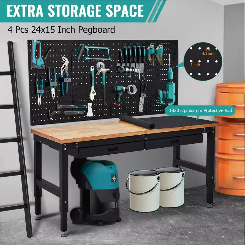 60 Inch Heavy-Duty Workbench - Rubber Wood Top, 3000 lb, Adjustable Height, 2 Drawers, Pegboard, Power Outlets