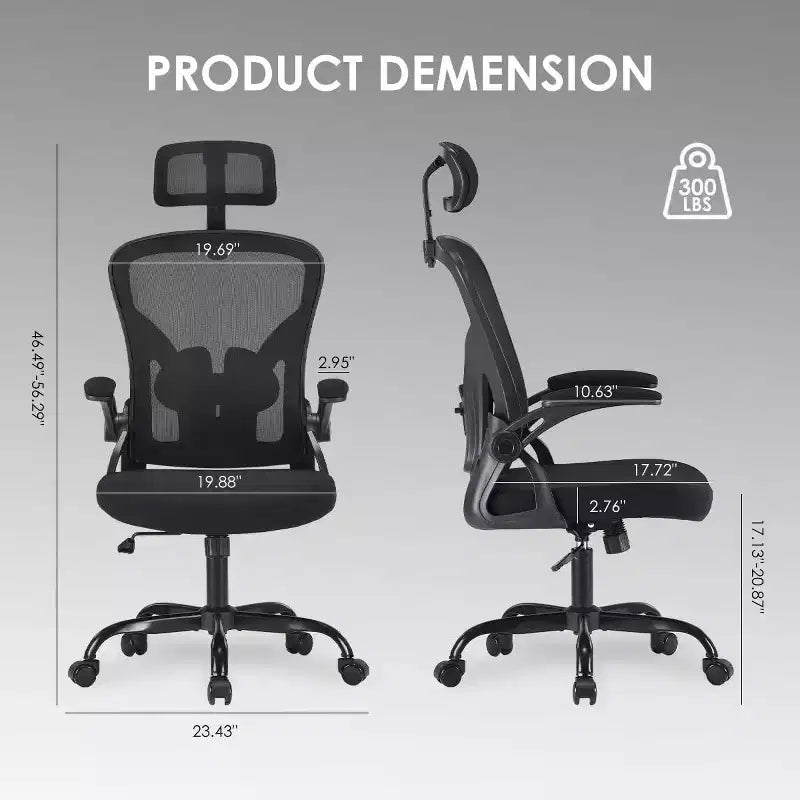 Ergonomic Office Chair - Swivel, Mesh Back, Adjustable Lumbar, Flip-Up Arms, Headrest, 350 lb