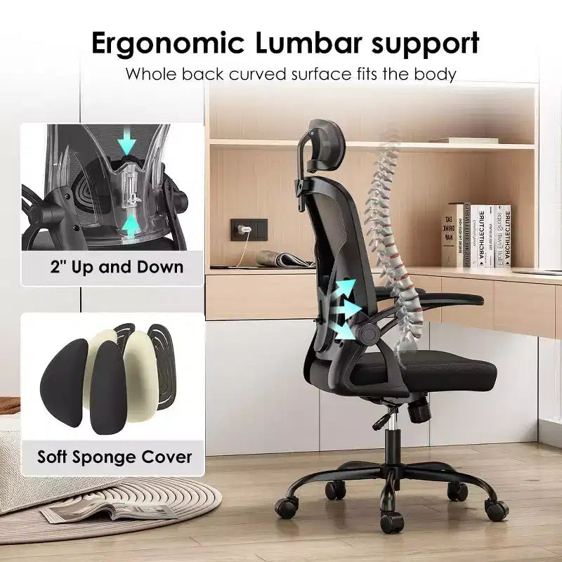 Ergonomic Office Chair - Swivel, Mesh Back, Adjustable Lumbar, Flip-Up Arms, Headrest, 350 lb