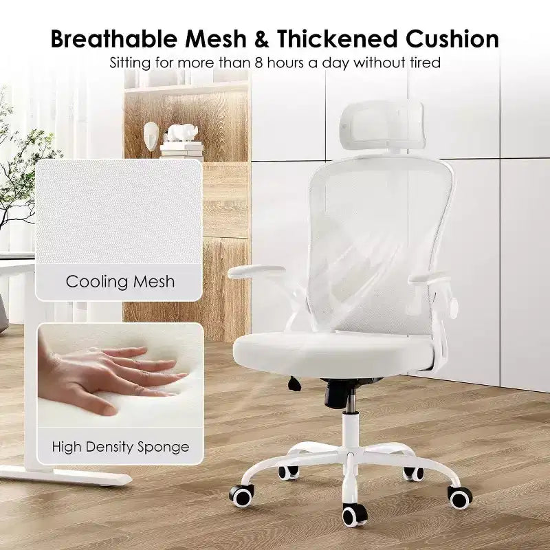 Ergonomic Office Chair - Swivel, Mesh Back, Adjustable Lumbar, Flip-Up Arms, Headrest, 350 lb