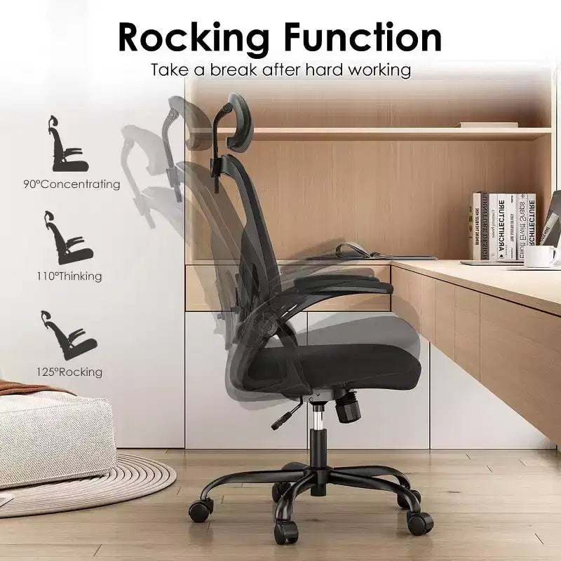 Ergonomic Office Chair - Swivel, Mesh Back, Adjustable Lumbar, Flip-Up Arms, Headrest, 350 lb