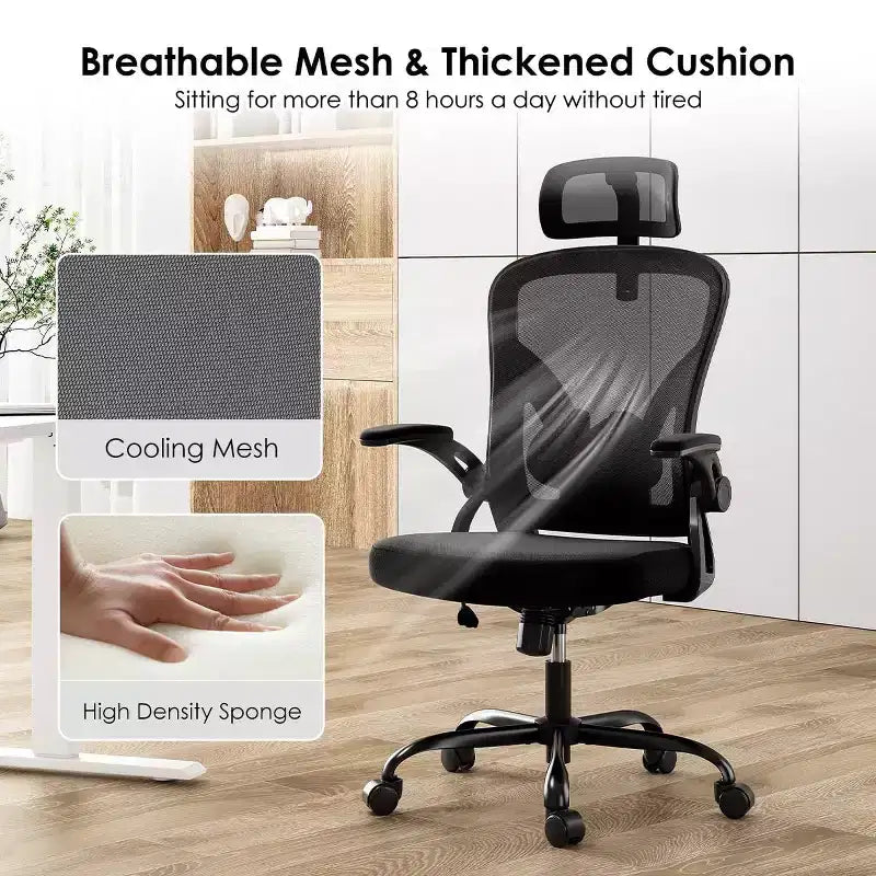 Ergonomic Office Chair - Swivel, Mesh Back, Adjustable Lumbar, Flip-Up Arms, Headrest, 350 lb