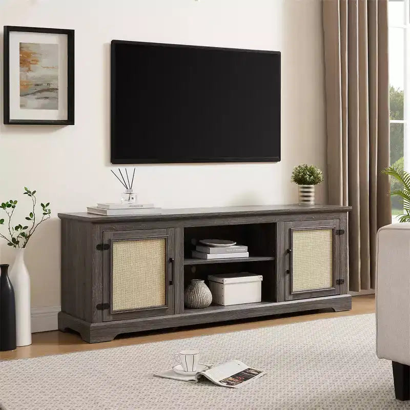 Farmhouse TV Stand for Screens up to 70 Inches - 2 Open Shelves, 2 Rattan Doors, MDF
