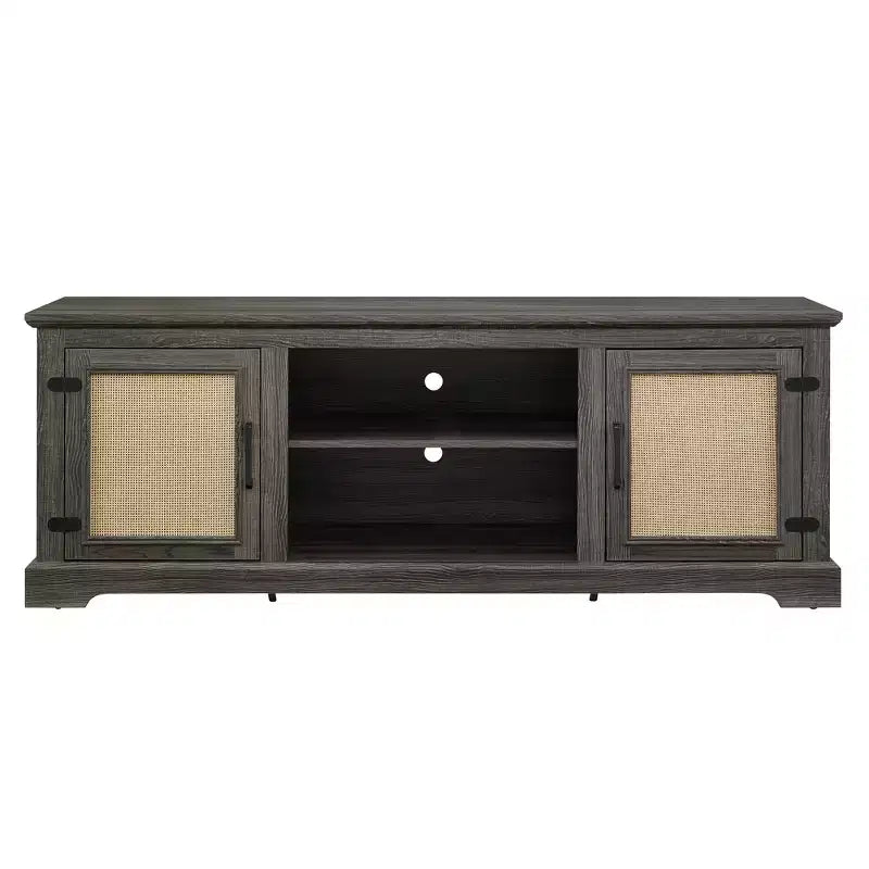 Farmhouse TV Stand for Screens up to 70 Inches - 2 Open Shelves, 2 Rattan Doors, MDF
