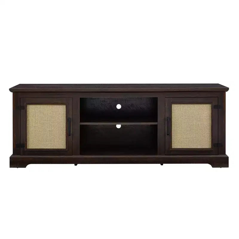 TV Stand Farmhouse, for Screens up to 70, Wood Entertainment Cabinet with 2 Open Shelves & 2 Rattan Doors, Console Table for Living Room