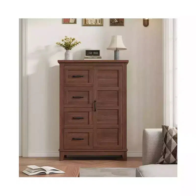 45.7 Inch Dresser with 4 Drawers and Door - Walnut, Freestanding Bedroom Storage Chest