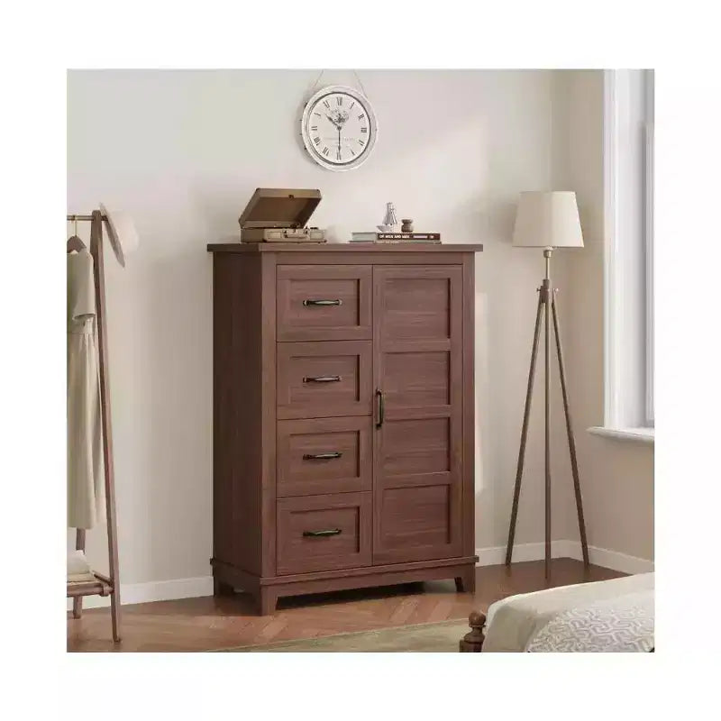 45.7 Inch Dresser with 4 Drawers and Door - Walnut, Freestanding Bedroom Storage Chest