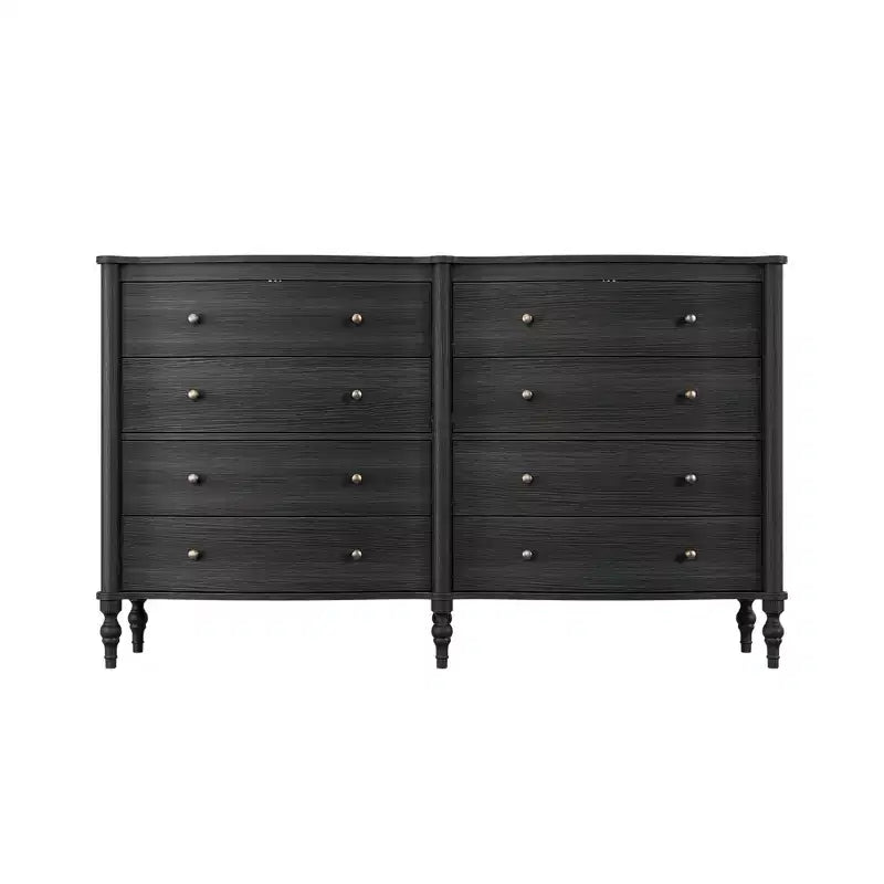 Curved-Front Vintage Dresser with 8 Drawers - Black/Light Oak, Bronze Knobs, MDF